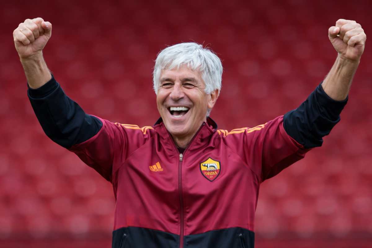 Gasperini esulta con la tuta della Roma, immagine creata con intelligenza artificiale