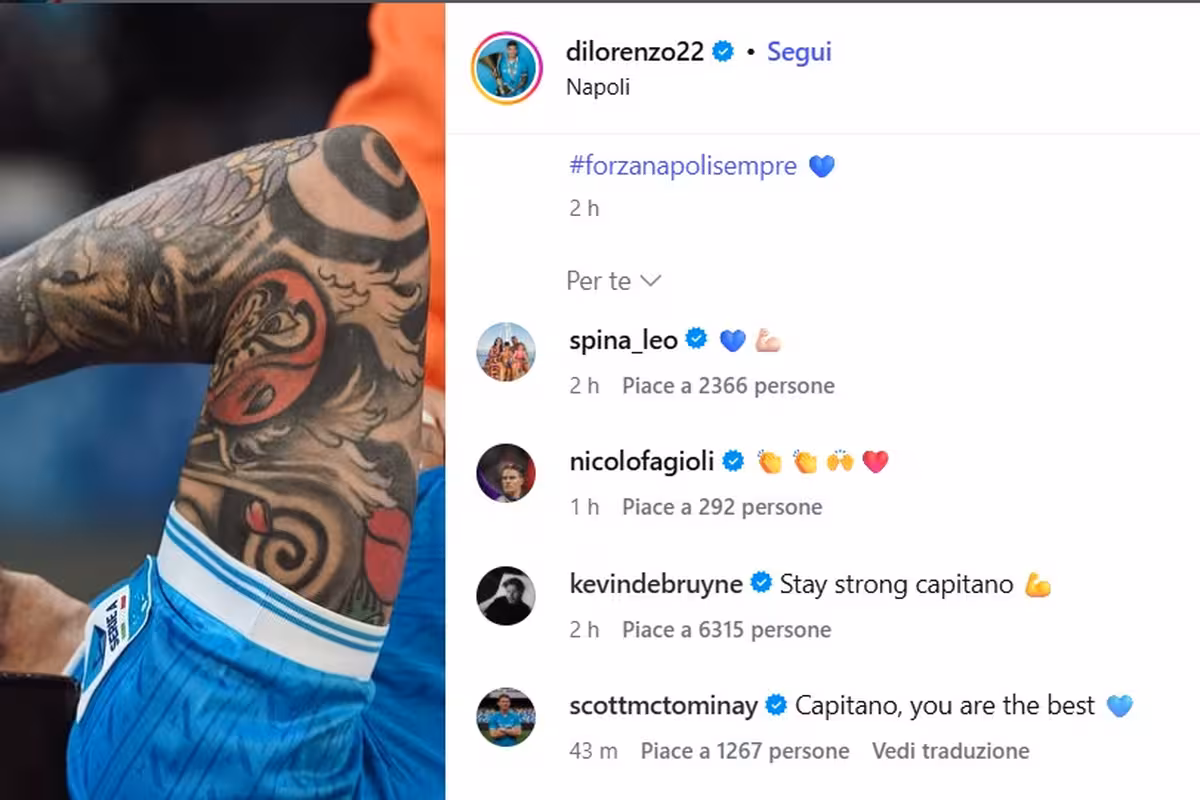 Il commento di De Bruyne sotto il post di Di Lorenzo