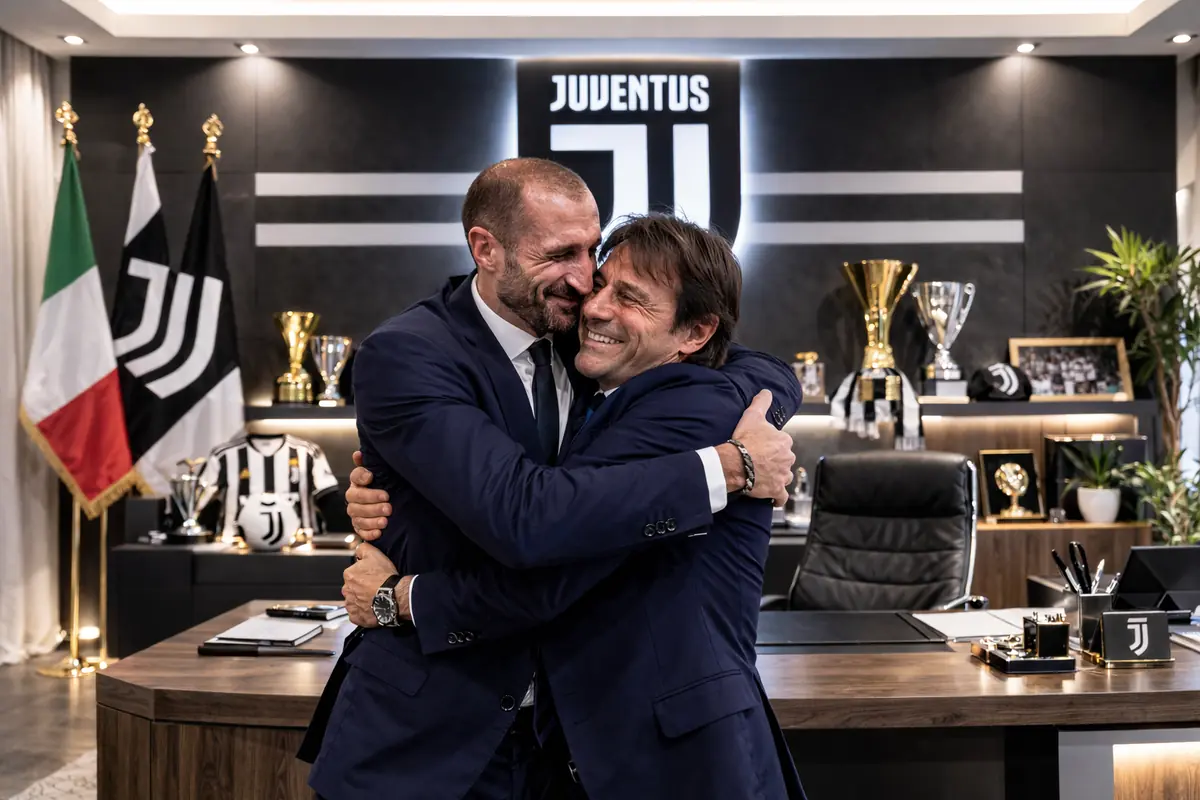 Abbraccio tra Chiellini e Conte negli uffici della Juve